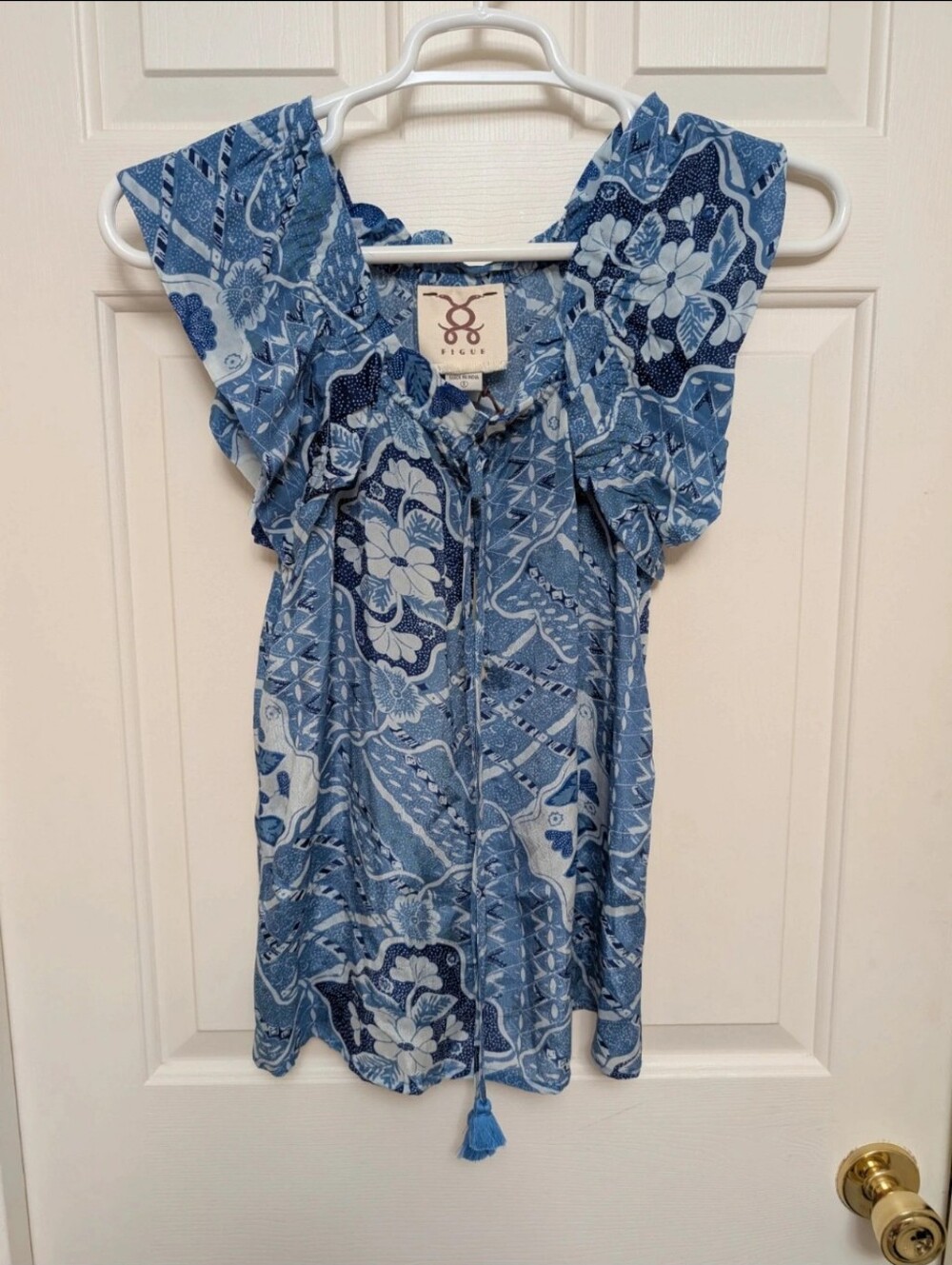 FIGUE Gianna Blue Viscose Gauze Tassel Tie Blouse Top Size S NWT $325